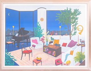 Large serigraph of an interior scene with piano by Francois Ledan (French, born 1949) signed "Fanch" to lower right and numbered "140/350" to lower le
