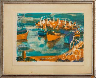 Georges Lambert (French, 1919-1998) color lithograph depicting a French port scene with boats, pencil signed to lower right, numbered "118/275", house