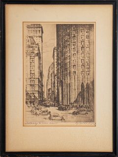Anton Schultz (German-American, 1894-1977) "Gateway to Wall Street" engraving depicting Downtown New York street view, signed in pencil to lower right