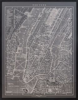 Large black and white poster depicting an older map of New York City, housed in an ebonized wood frame. Image: 53.5" H x 41.5" W; frame: 55.5" H x 43.