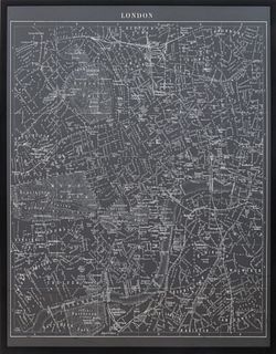 Large black and white poster depicting an older map of London city, housed in an ebonized wood frame. Image: 53.5" H x 41.5" W; frame: 55.5" H x 43.5"