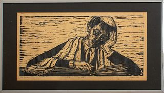 Helen Ross (British, 1903-1985) "The Student" Judaica woodcut on paper, signed in pencil to lower right, form an edition of 20; housed in a chrome met
