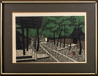 Kiyoshi Saito (Japanese, 1907 - 1997), landscape, woodblock print, signed in plate. Image: 11" H x 16" W; frame: 16.5" H x 21.5" W.