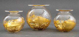 British Studio Art Glass vases, 3, each indistinctly signed and dated "T....hill Studio, London, 1988" and with gilt details to flat topped spherical 