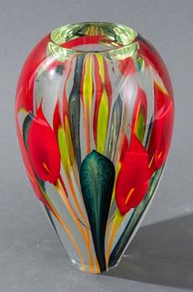 Scott Bayless (American, XX-XXI) for Lotton Studio art glass vase with red arum lily floral decor, signed "Scott Bayless - Lotton Studio" to underside