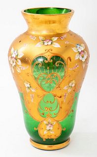 Bohemian applied porcelain parcel-gilded green glass vase, apparently unmarked, the baluster shaped vase with scrolling Rococo style ornament and appl