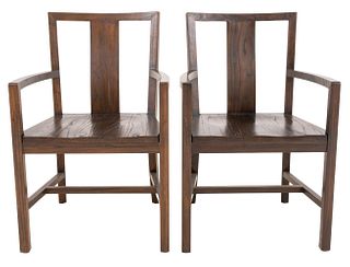 Asian modern stained hardwood arm chairs, a pair, each with a curved yoke back and arms en cabriolet above a shaped square feet on four tapering squar