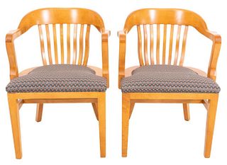 Vintage Ash wood Banker's chairs, a pair, with curving crest rail and arms above eight back splats, with upholstered seats above square tapering legs 