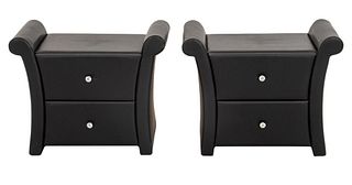 Modern Glamour Fashion pair of black vegan leather upholstered nightstands having two drawers with chic chrome and faceted glass handles. 22.5" H x 40