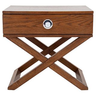 Campaign style veneer wood bedside raised on X-shape legs, having one drawer with chrome metal handle. 22.5" H x 245" W x 19" D.