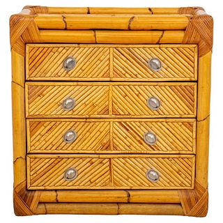 Chinoiserie style bamboo and rattan bedside chest, the rectangular top with diagonally matched bamboo, above four long drawers disguised as eight shor
