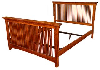 Stickley Mission Collection spindle bed oak, apparently unmarked, Queen Size, and of typical form. 48.5" H x 63" W x 84" L.