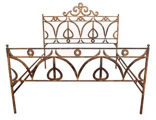 Folk Art wrought iron bed, with tall headboard and low foot board, decorated with scrolling Baroque style wrought iron ornaments within the support. 6