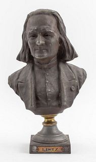 Bronzed ceramic bust of musician and composer Franz Listz (Hungarian, 1811-1886) mounted on a bronze and metal pedestal inscribed "Mr. A.D. Volpe From