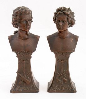 After the originals by Carl Gustaf Hermann Gladenbeck (German, 1827-1918), the two composers depicted on Art Nouveau style plinths with musical trophi