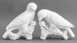 Pair of white glazed ceramic sculpture depicting facing birds, in the manner of German KPM, apparently unsigned, likely late nineteenth century or lat