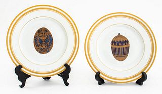 Faberge Limoges porcelain Imperial Easter egg dessert or cabinet plates, 2, each with four gilt band borders surrounding images of the Tsarevich Egg (