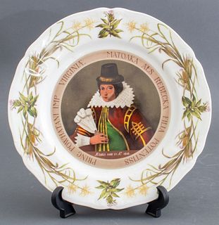 Onondaga Pottery (Syracuse, NY) early color transferware cabinet plate, 1907, and depicting "Pocahontas" also known as Rebecca Rolfe, after the origin