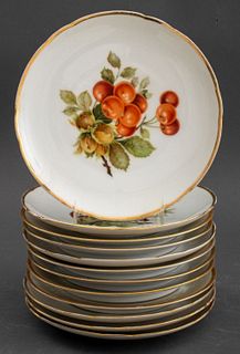 Hutschenreuther Bavarian set of twelve dessert of lunch plates, each with a different pattern of fruits, the embossed rims highlighted by a gilt-paint