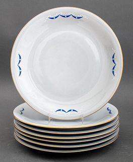 Seven Royal Epiag Czechoslovakia gray dinner plates, decorated with white bows and blue swags, marked. 10.75" in diameter.