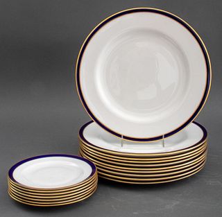 Seventeen Spode "Consul Cobalt" dinner and side / bread & butter plates, with a cobalt blue and gilt border, bone china, made in England, includes ten