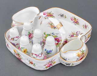 Hammersley bone china tea basket, in the "Lady Patricia" pattern and comprising a handled cake basket with conjoined creamer and sugar, sold together 