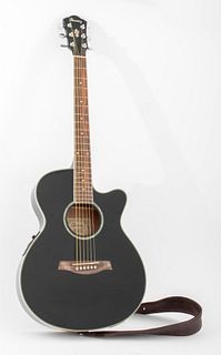Ibanez AEG10E-BK-2Y-01 electric acoustic guitar with a black finish and abalone / mother-of-pearl inlay, circa 2008, label with serial number "GS10080