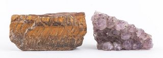 Two mineral specimens comprising one amethyst purple quartz rock crystal cluster and one uncut raw tiger's eye stone. Tiger's eye: 2.25" H x 4" W x 3.