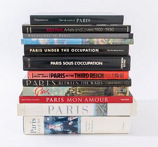 Twelve reference books on Paris comprising "Paris - History Architecture Art Lifestyle in Detail" by Gilles Plazy, "Paris Mon Amour" by Jean-Claude Ga