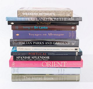 Twelve reference books on travel and international culture comprising "The Hotel Book - Great Escapes Europe" by Cassidy & Taschen, "The Hotel Book - 