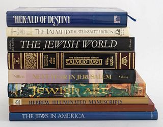 Nine Judaica reference books, including "The Talmud: The Steinsaltz Edition" with commentary by Rabbi Adin Steinsaltz, "Midrash Yerusahalem: A Metaphy