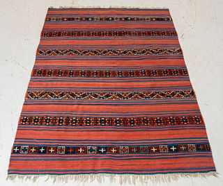 Semi-Antique Persian carpet with bands of geometric designs on a red ground. 7' 1" H x 4' 10" W