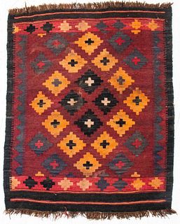 Semi-antique Kilim hand-woven wool carpet with a geometric diamond design. 3' 2" H x 2' 5" W.