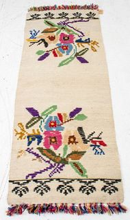 Folk art floral hand-woven wool runner / rug. unmarked. 63" H x 24.5" W.