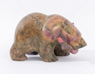 Rhodonite figure of a Bear with Salmon, carved from green and pink rhodonite, in the manner of the Inuit Northwest coast first peoples. 3" H x 5.25" L
