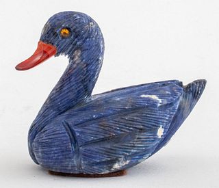 Artur, a carved hardstone figure of a duck in Lapis Lazuli and jasper, with maker's label to tail reading "Artur" 2.25" H x 2.5" L x 1.5" W