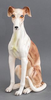 Royal Crown ceramic figure of an Italian Greyhound or Whippet, the underside with black maker's mark "Royal Crown" beneath a coronet, the dog attentiv