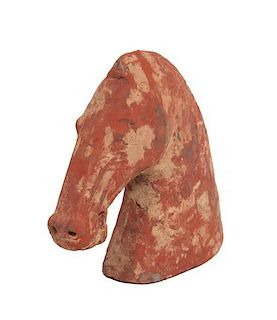 A Han Style Pottery Horse Head, Height 6 1/8 inches.