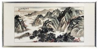 A Chinese Painting on Silk, Height 25 1/4 x width 49 1/2 inches.