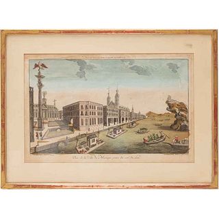 Daumont. Vue de la Ville du Mexique Prise du Côté du Lac. Paris: Chez Huquier Fils., ca.1770. Grabado coloreado, 26 x. 40.8 cm.