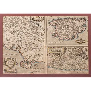 Ortelius, Abraham. Senensis Ditionis Accurata Descrip. / Corsica / Marcha Anaconae Picenum 1572. Amberes, ca. 1600. Mapa Coloreado.