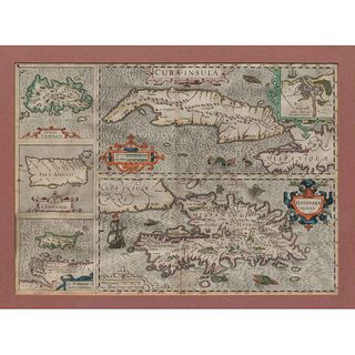Mercator, Gerhard - Hondius, Jocodus. Cuba Insula-Havana Portus Celeberrimo / Hispaniola Insula. Ámsterdam, 1600. Mapa coloreado.