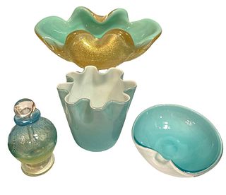 Four Turquoise Art Glass Articles sgd. MURANO, R. LUKIAN