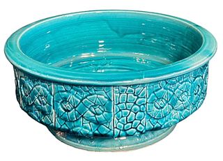 Fantastic Turquoise Pottery Centerpiece Bowl Illegibly Signed 