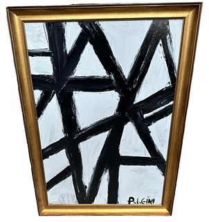 Black and White Abstract Oil on Board signed PULGINI 
