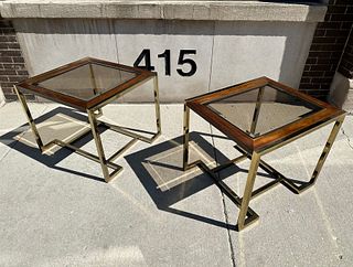 Modern Brass and Wood Glass Top Side Tables IMO MILO BAUGHMAN