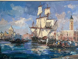 Sdg. EVERT Harbor Scene Oil on Canvas 