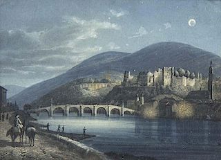 Ansicht von Heidelberg im Mondschein. Gouachierte Radierung. Um 1850. Unter Passepartout und Glas gerahmt (nicht ausgerahmt).