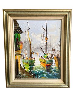 Signed RUIZ 1974 Oil on Canvas Abstract Sailboats 