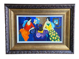 Large Embellished Serigraph by ITZCHAK TARKAY "Conversation over Flowers"